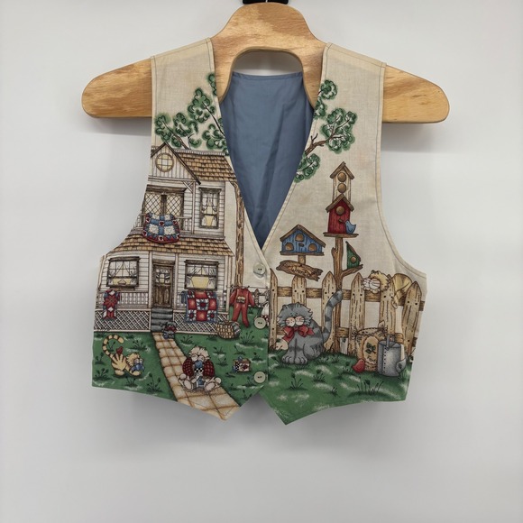 Vintage Novelty Cats House Print Vest Sleeveless Quirky Grandmacore M/L no tag - Picture 2 of 5